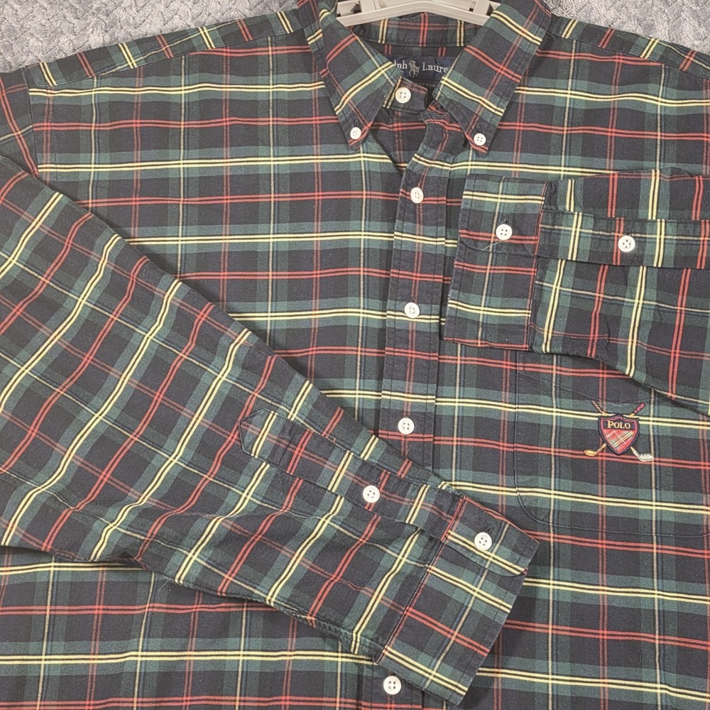 Polo Ralph Lauren Plaid Button Down Shirt Men's XXL Blue Green Tartan Crest Logo